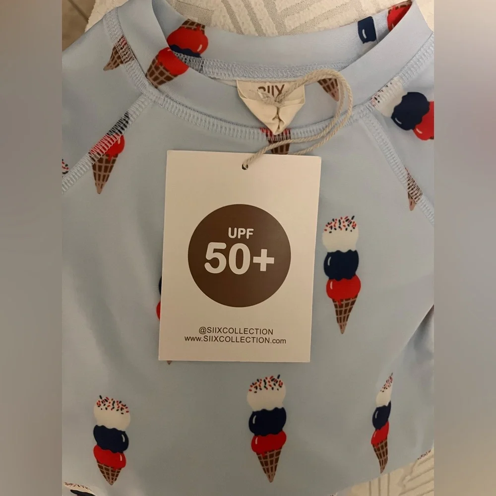 NWT SIIX Spearmint Love Ice Cream Patriotic Rash Guard Swim Trunks Set UPF 50+